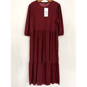 Zara Dainty Floral Dress L Red Black Tiered Cottagecore Raw Hem Boho Maxi Midi